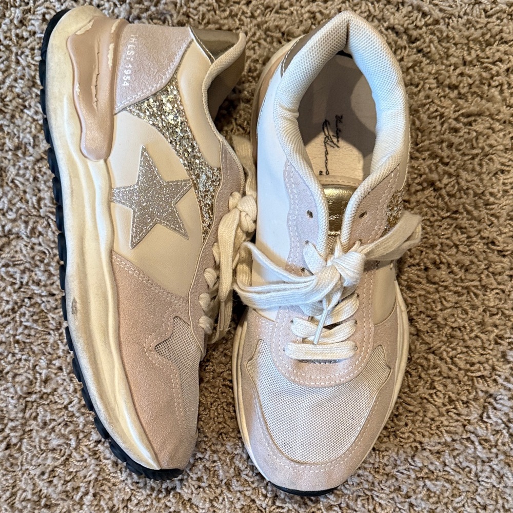 Beige and Gold Glitter Star Sneakers